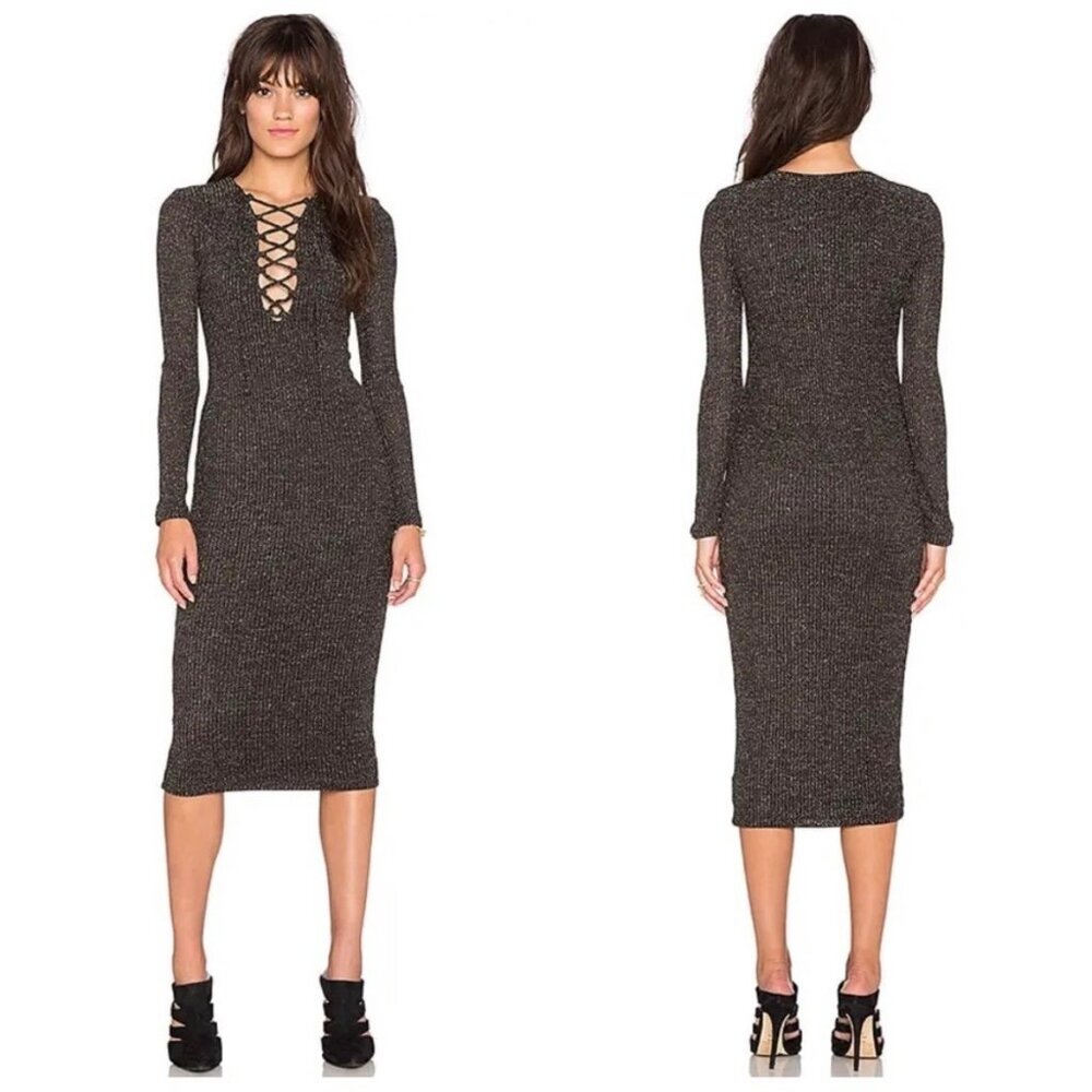 Bardot Romeo Lace Up Dress in Black Gold Metallic Midi Long Sleeve Size Small - Picture 7 of 9